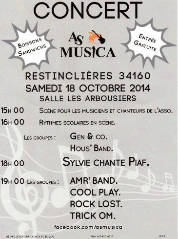 CONCERT GRATUIT SAMEDI 18 OCTOBRE 2014 de 16h00 à 23h00