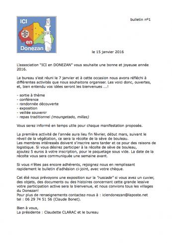 bulletin nº 1 du 15 janvier 2016