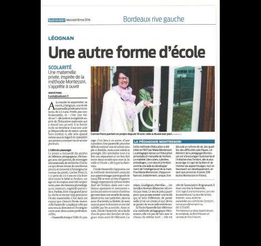 ARTICLE PARU DANS LE JOURNAL SUD-OUEST MERCREDI 18 MAI 2016